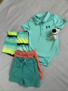 🩵Under Armour Boy’s Teal Polo Bodysuit with Multicolor Shorts Trio